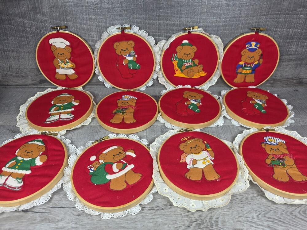 Handmade Embroidery Hoop Crafts Vtg Country Wall Art Christmas Bear Angel b168